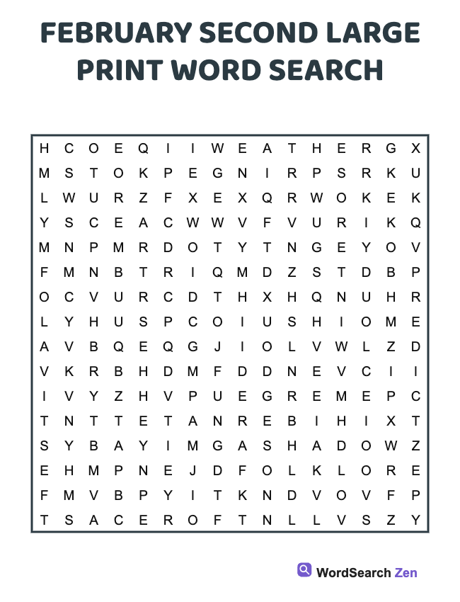February Second Large Print Word Search