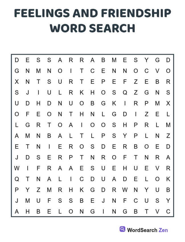 Feelings and Friendship Word Search printable puzzle sheet