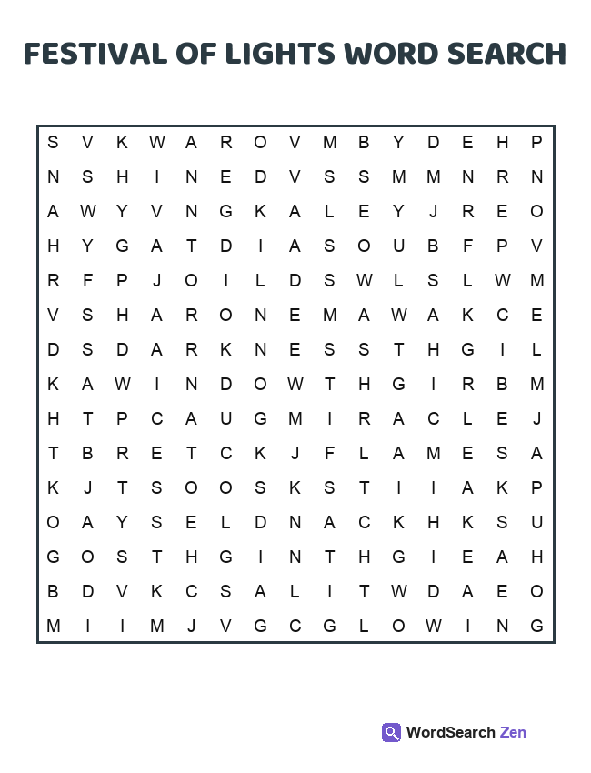 Festival Of Lights Word Search printable puzzle sheet