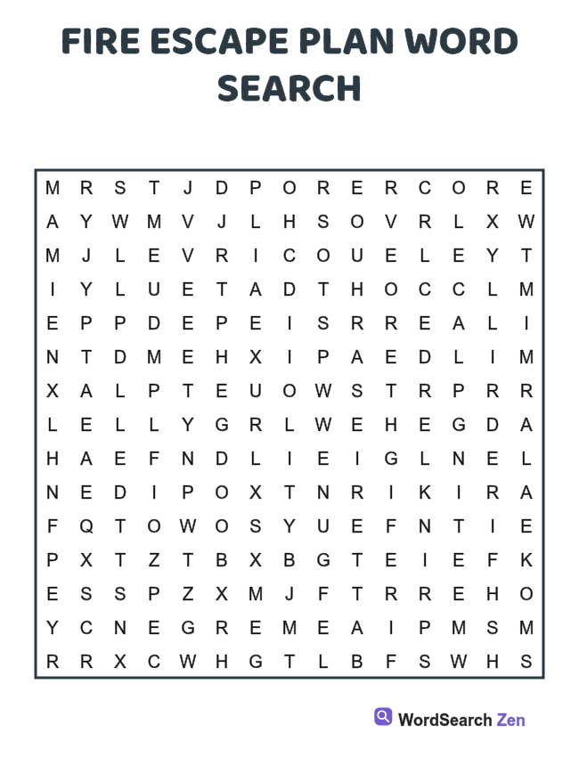 Fire Escape Plan Word Search printable puzzle sheet, 15 hidden words
