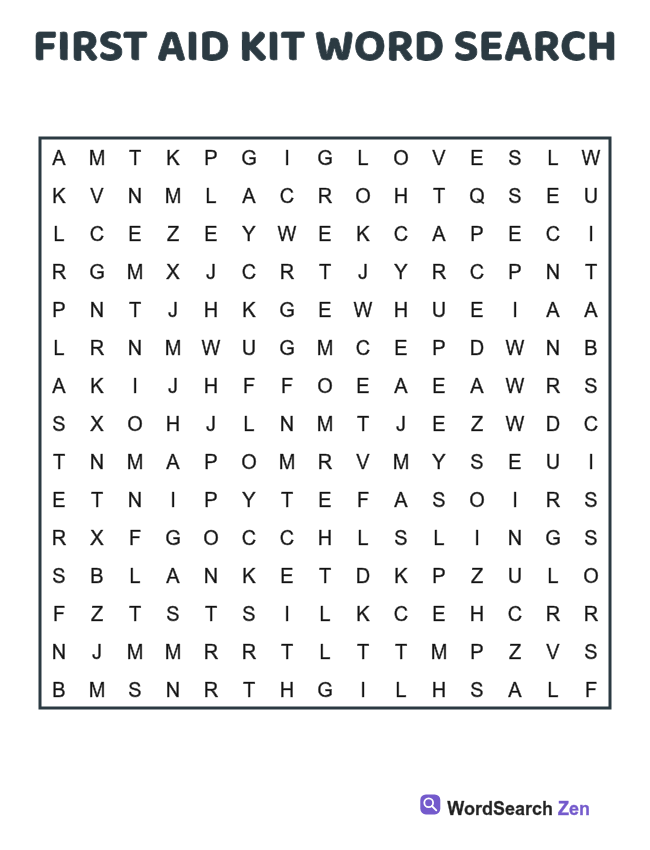 First Aid Kit Word Search printable puzzle sheet
