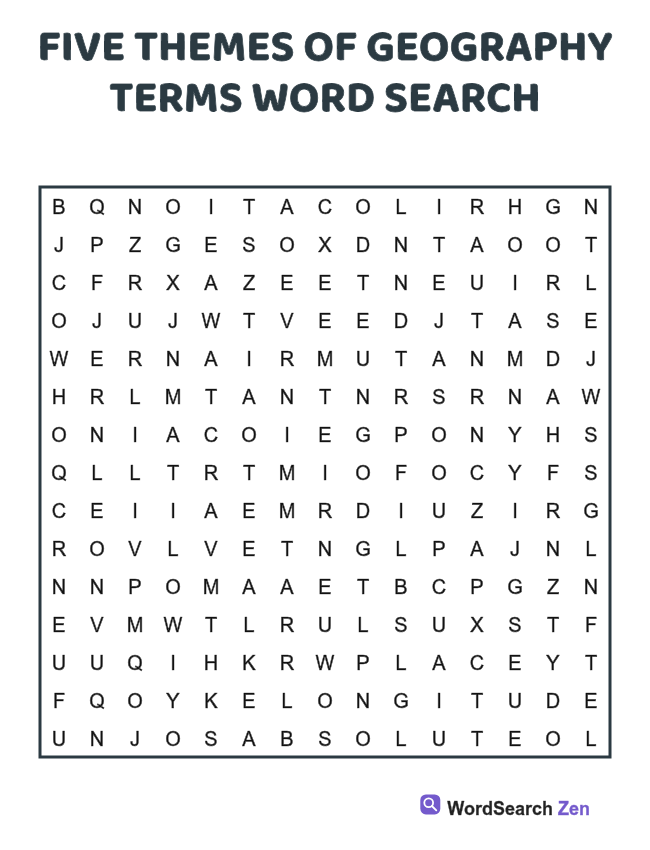 Five Themes of Geography Terms Word Search printable puzzle sheet, 15 hidden words
