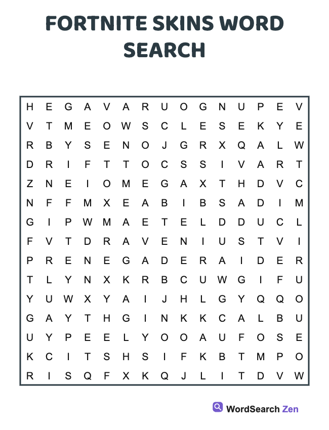 Fortnite Skins Word Search