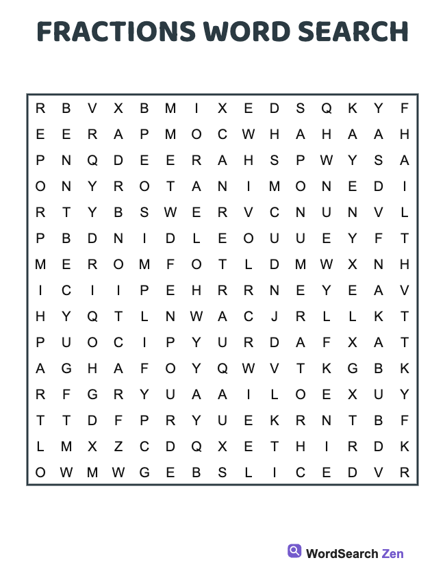 Fractions Word Search