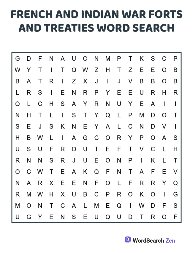 French and Indian War Forts and Treaties Word Search printable puzzle sheet, 15 hidden words