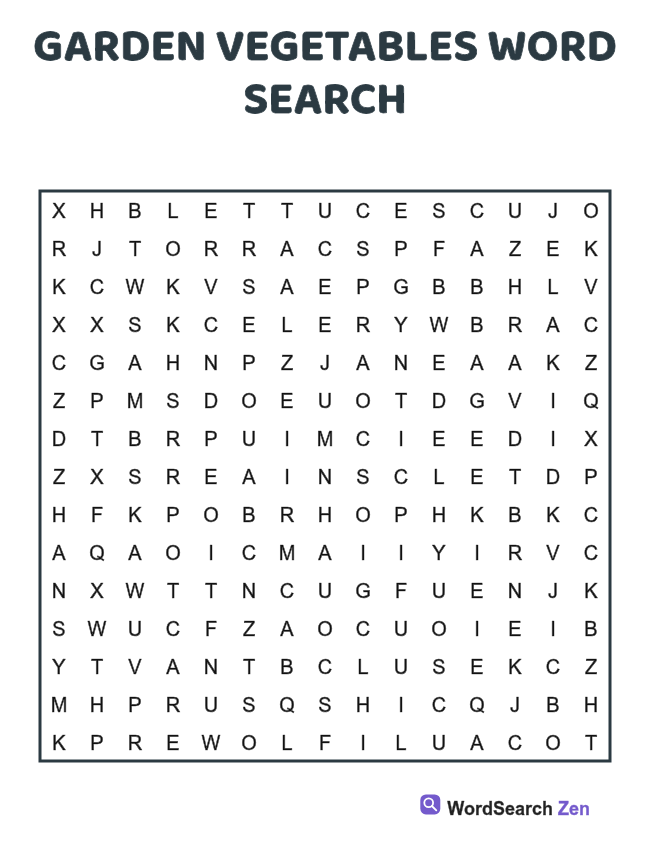 Garden Vegetables Word Search printable puzzle sheet, 15 hidden words