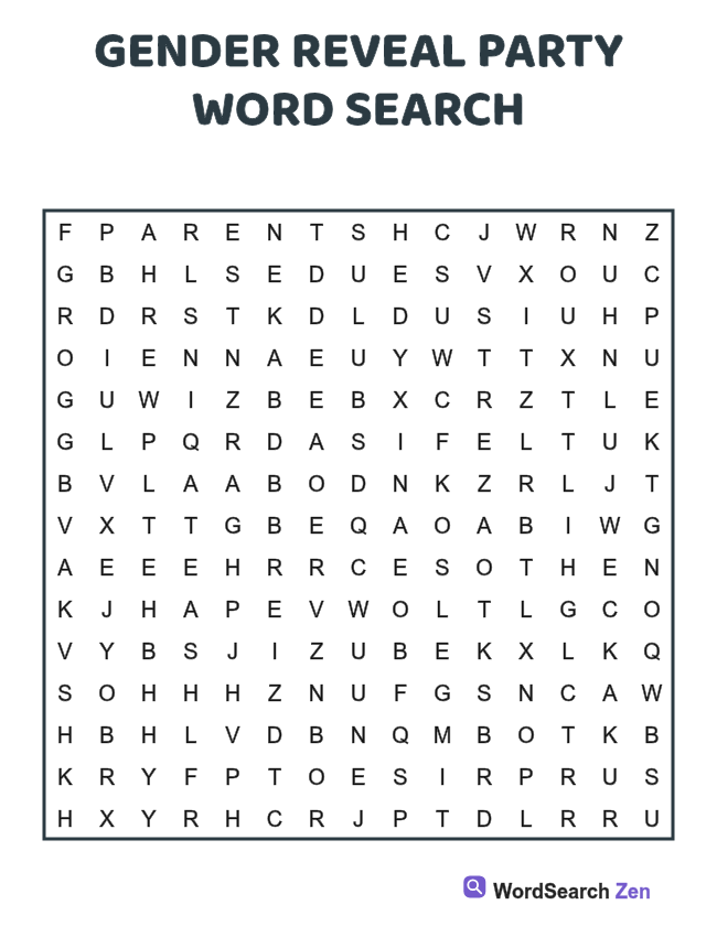 Gender Reveal Party Word Search printable puzzle sheet, 15 hidden words