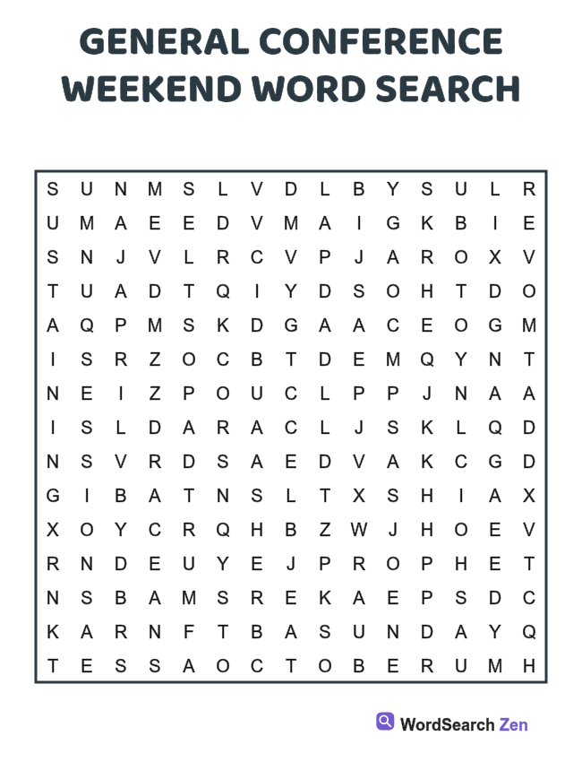 General Conference Weekend Word Search printable puzzle sheet, 15 hidden words