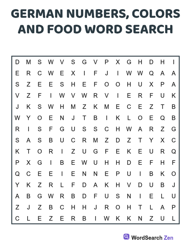 German Numbers, Colors and Food Word Search printable puzzle sheet