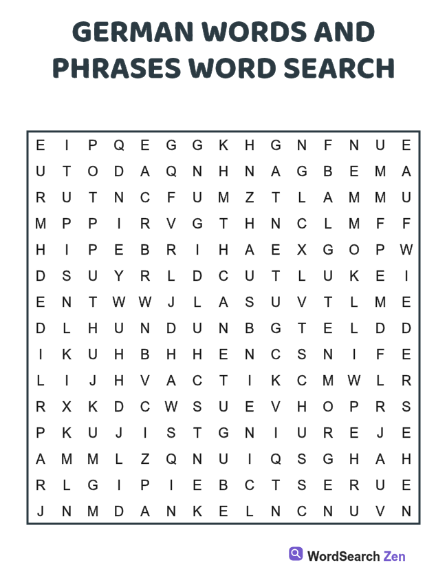 German Words and Phrases Word Search printable puzzle sheet