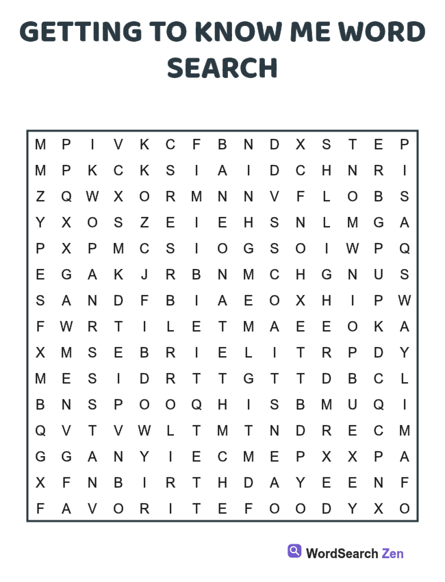 Getting to Know Me Word Search printable puzzle sheet, 15 hidden words