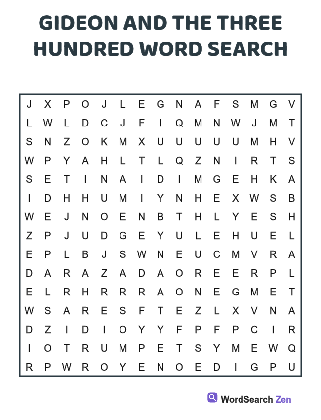 Gideon and the Three Hundred Word Search printable puzzle sheet, 15 hidden words
