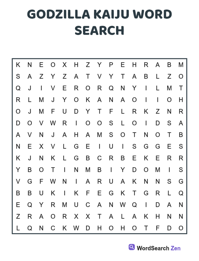 Godzilla Kaiju Word Search printable puzzle sheet, 15 hidden words