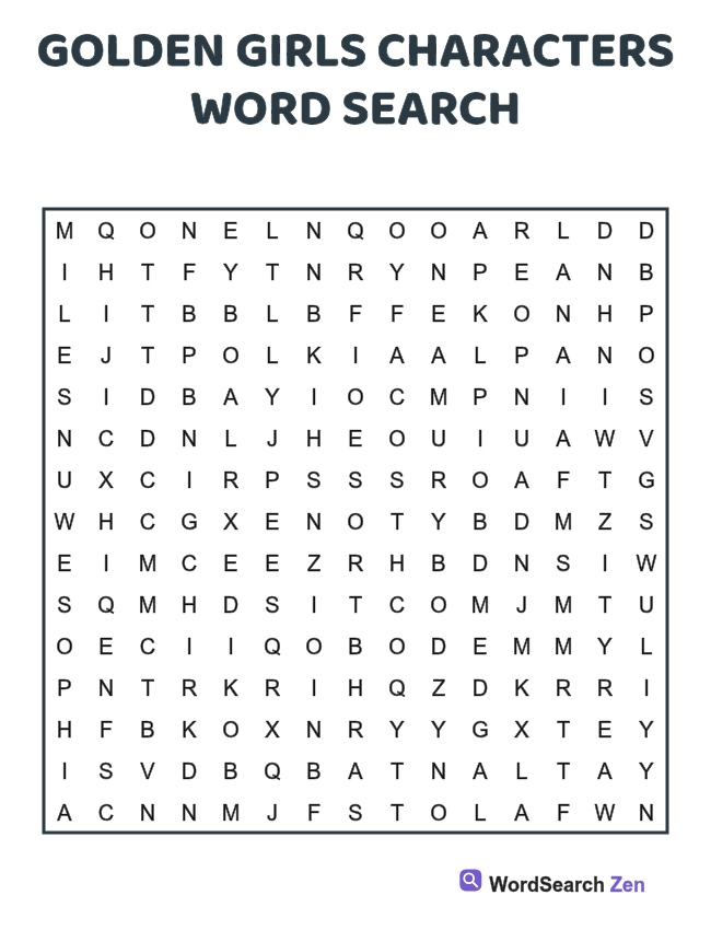 Golden Girls Characters Word Search printable puzzle sheet, 15 hidden words