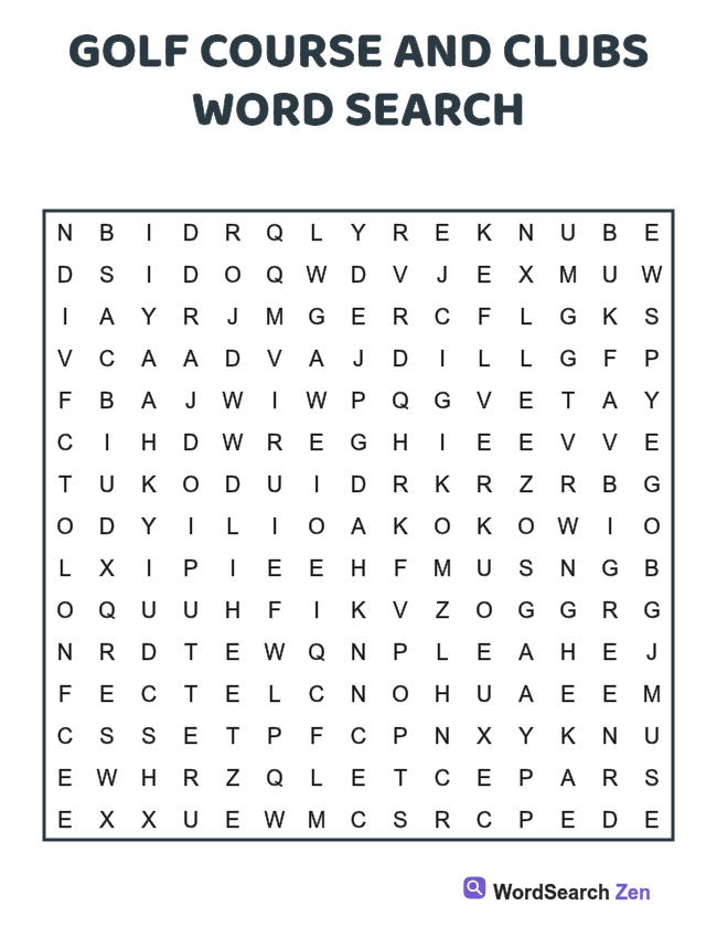 Golf Course and Clubs Word Search printable puzzle sheet, 15 hidden words