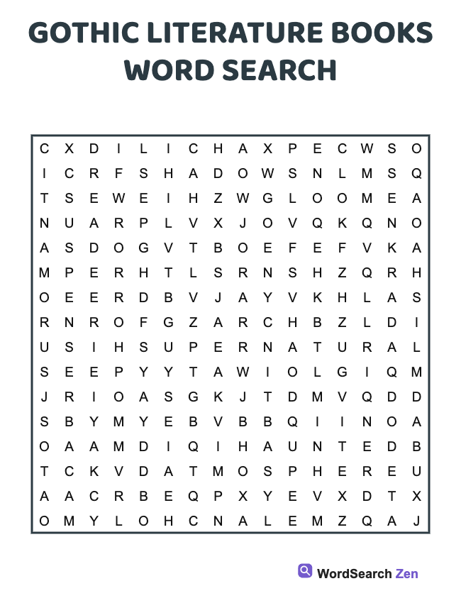 Gothic Literature Books Word Search