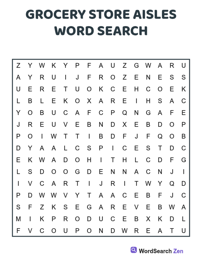 Grocery Store Aisles Word Search printable puzzle sheet, 15 hidden words