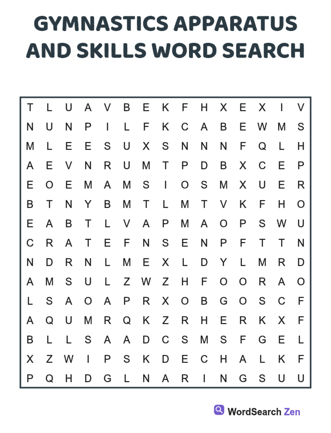 Gymnastics Apparatus and Skills Word Search printable puzzle sheet, 15 hidden words