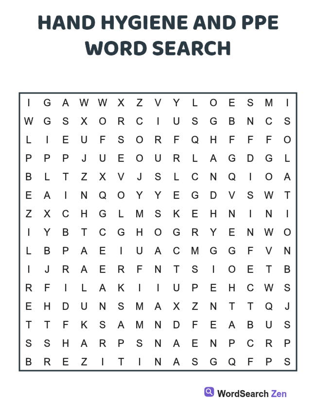 Hand Hygiene and PPE Word Search printable puzzle sheet