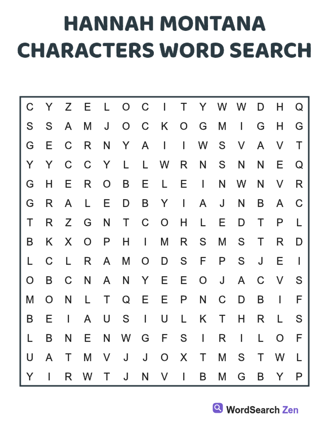 Hannah Montana Characters Word Search printable puzzle sheet, 15 hidden words