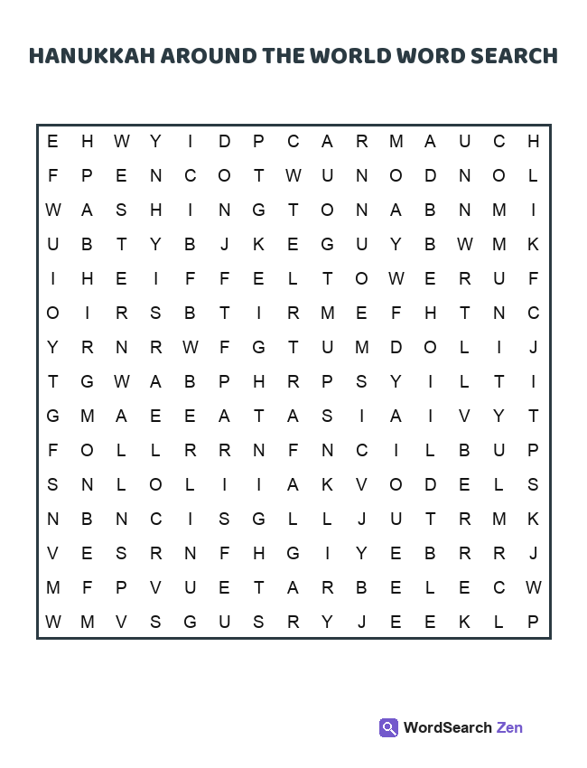Hanukkah Around The World Word Search printable puzzle sheet