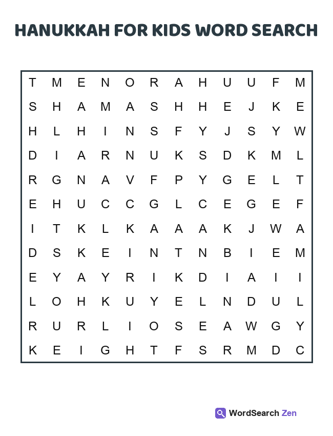 Hanukkah For Kids Word Search printable puzzle sheet