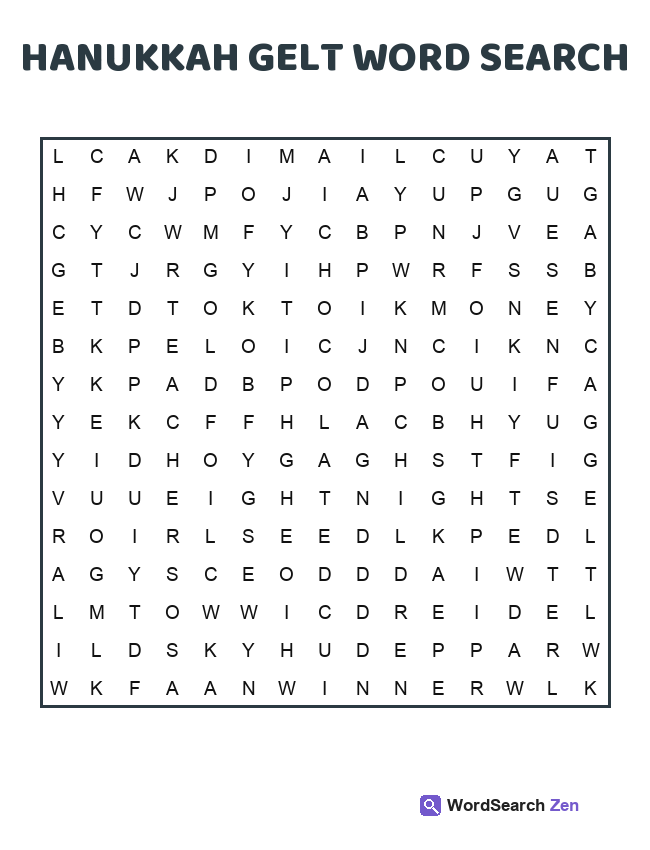 Hanukkah Gelt Word Search printable puzzle sheet