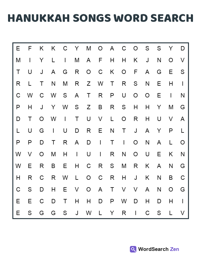 Hanukkah Songs Word Search printable puzzle sheet