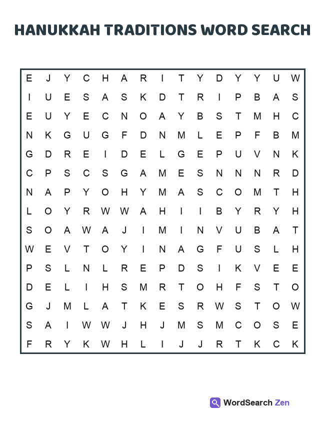 Hanukkah Traditions Word Search printable puzzle sheet