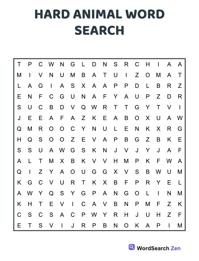 Hard Animal Word Search