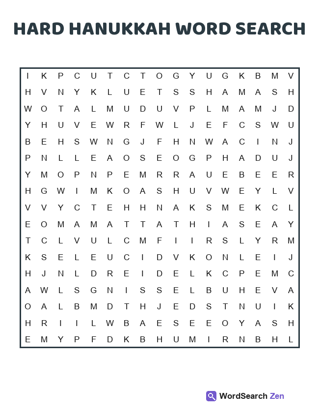 Hard Hanukkah Word Search printable puzzle sheet