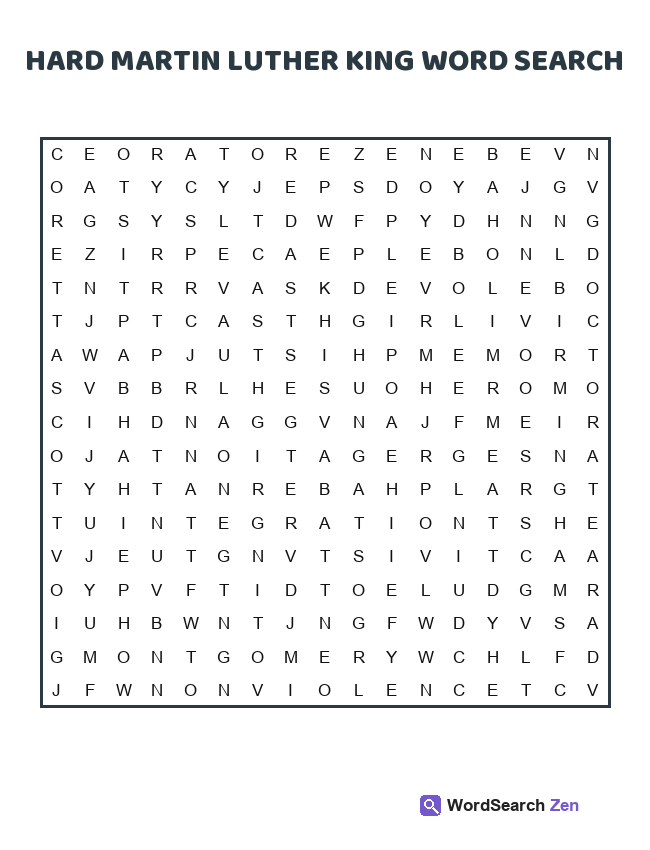 Hard Martin Luther King Word Search printable puzzle sheet