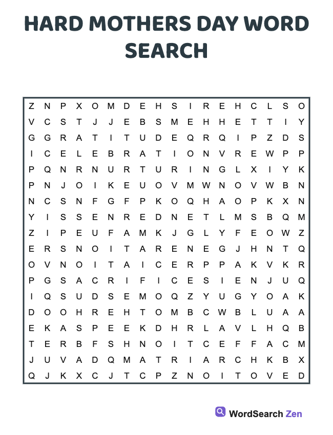Hard Mothers Day Word Search