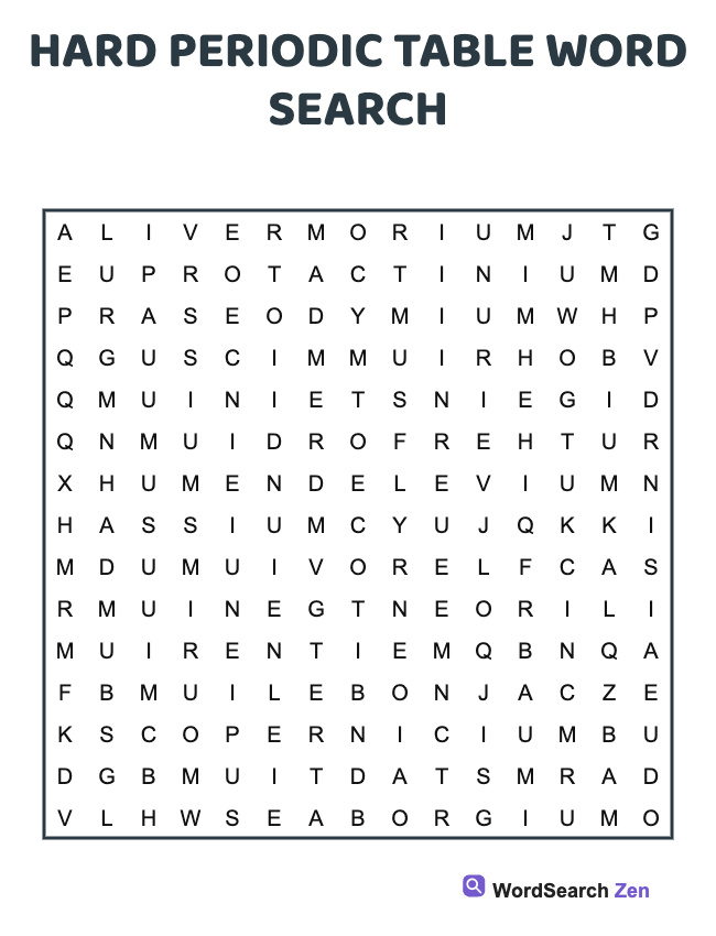 Hard Periodic Table Word Search