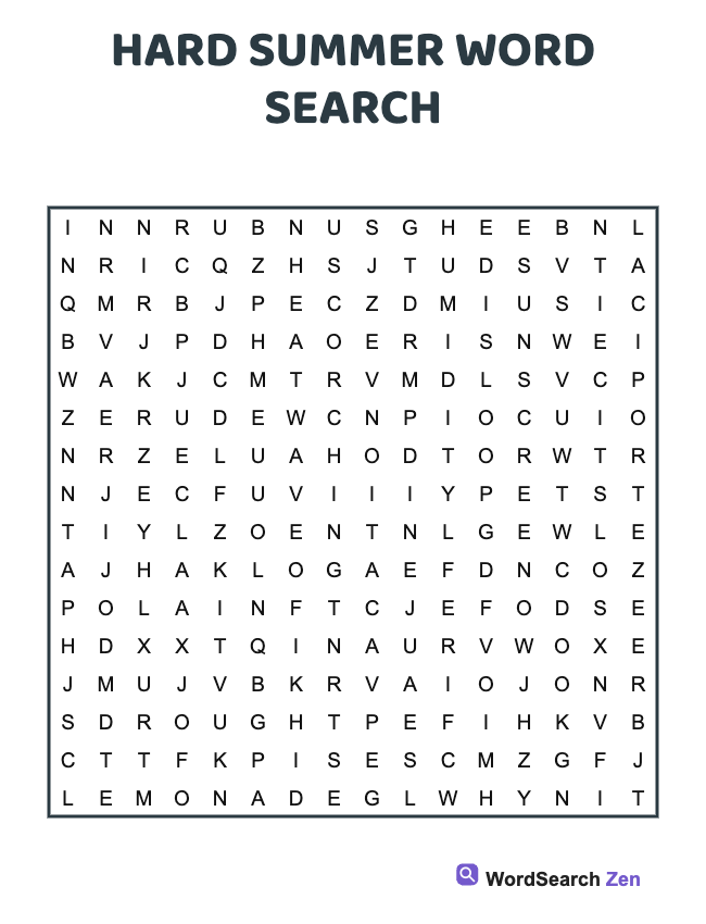 Hard Summer Word Search