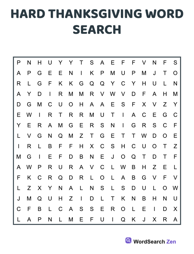 Hard Thanksgiving Word Search