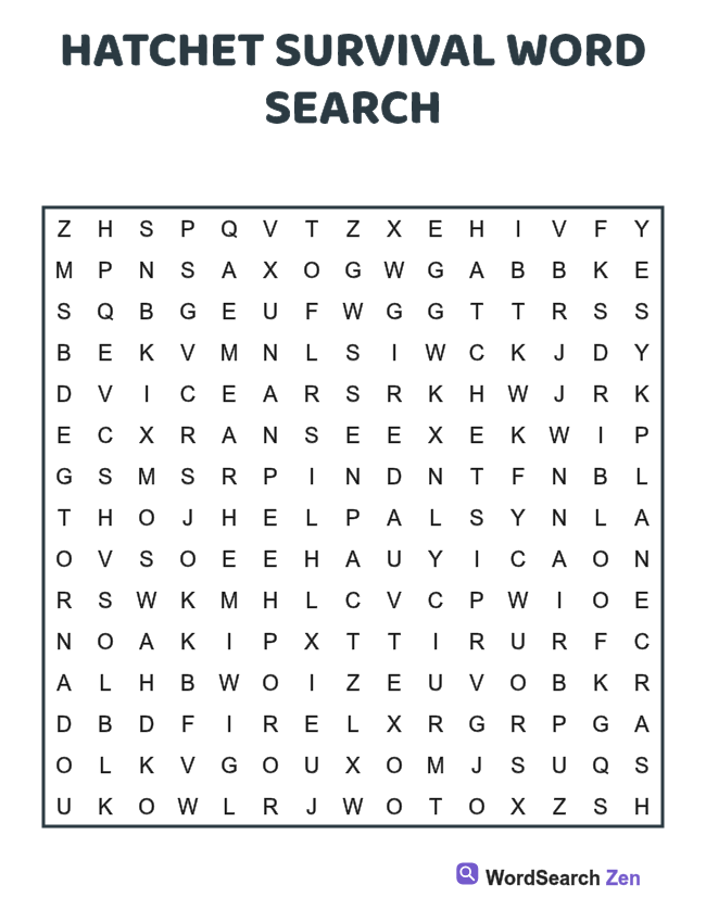 Hatchet Survival Word Search printable puzzle sheet, 15 hidden words