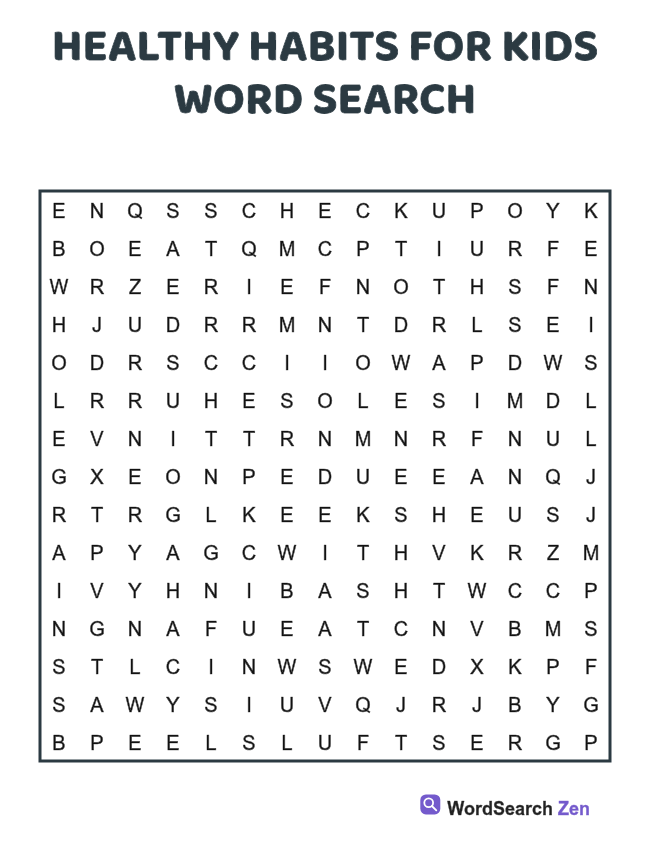 Healthy Habits for Kids Word Search printable puzzle sheet, 15 hidden words