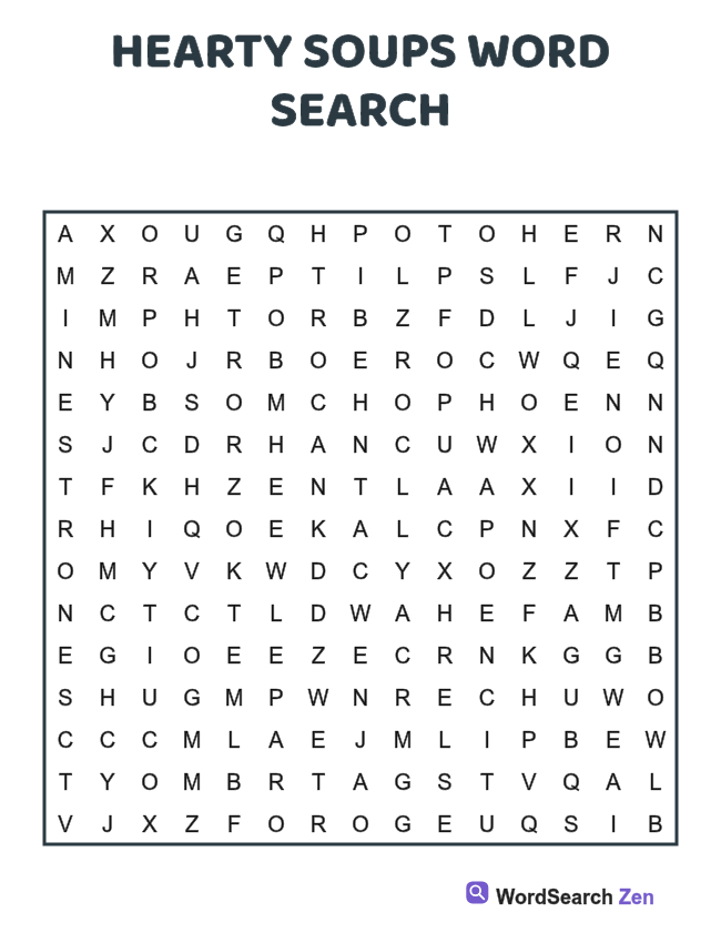 Hearty Soups Word Search printable puzzle sheet, 15 hidden words