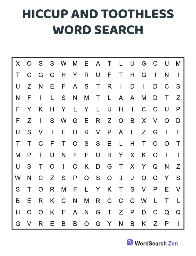Hiccup and Toothless Word Search printable puzzle sheet, 15 hidden words