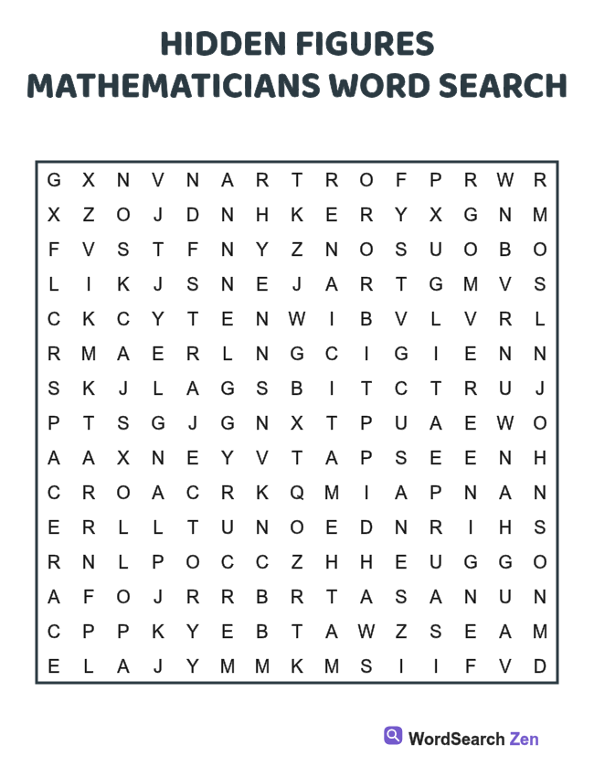 Hidden Figures Mathematicians Word Search printable puzzle sheet, 15 hidden words