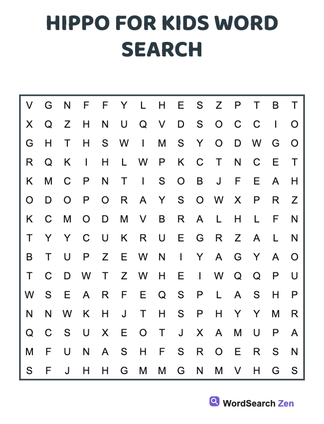 Hippo For Kids Word Search