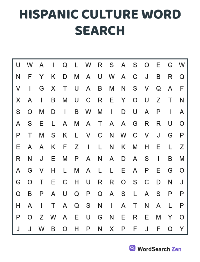 Hispanic Culture Word Search printable puzzle sheet