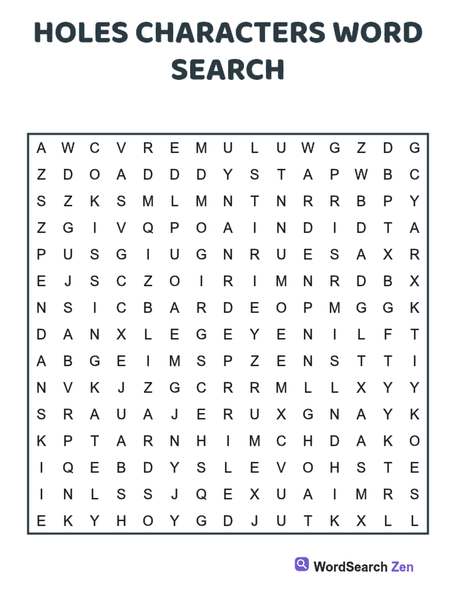 Holes Characters Word Search printable puzzle sheet, 15 hidden words