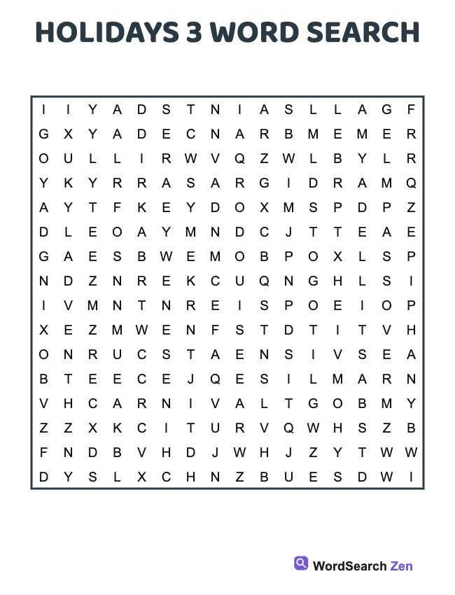 Holidays 3 Word Search