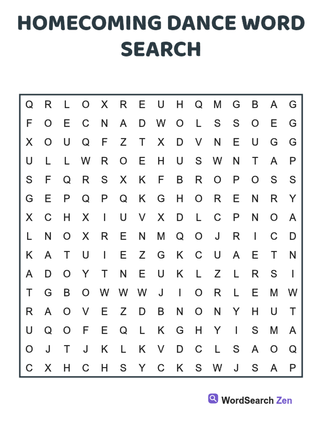 Homecoming Dance Word Search printable puzzle sheet
