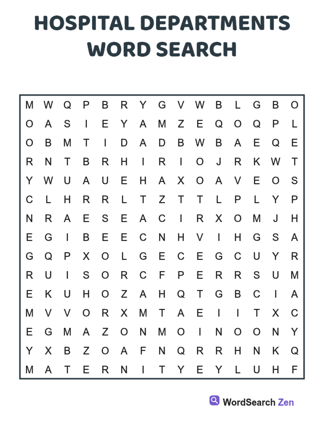 Hospital Departments Word Search printable puzzle sheet
