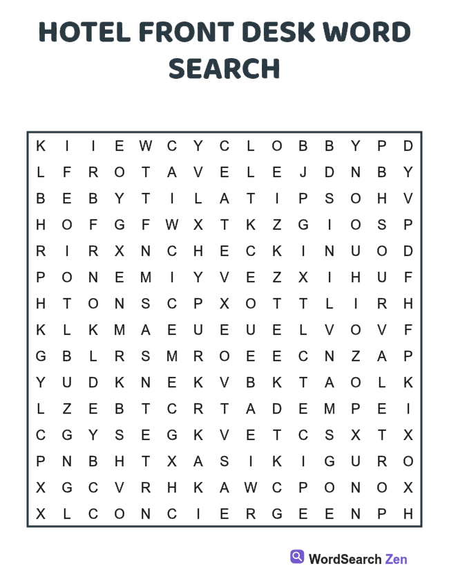 Hotel Front Desk Word Search printable puzzle sheet, 15 hidden words