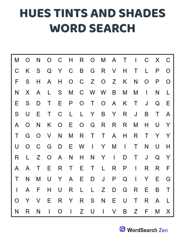 Hues Tints and Shades Word Search printable puzzle sheet