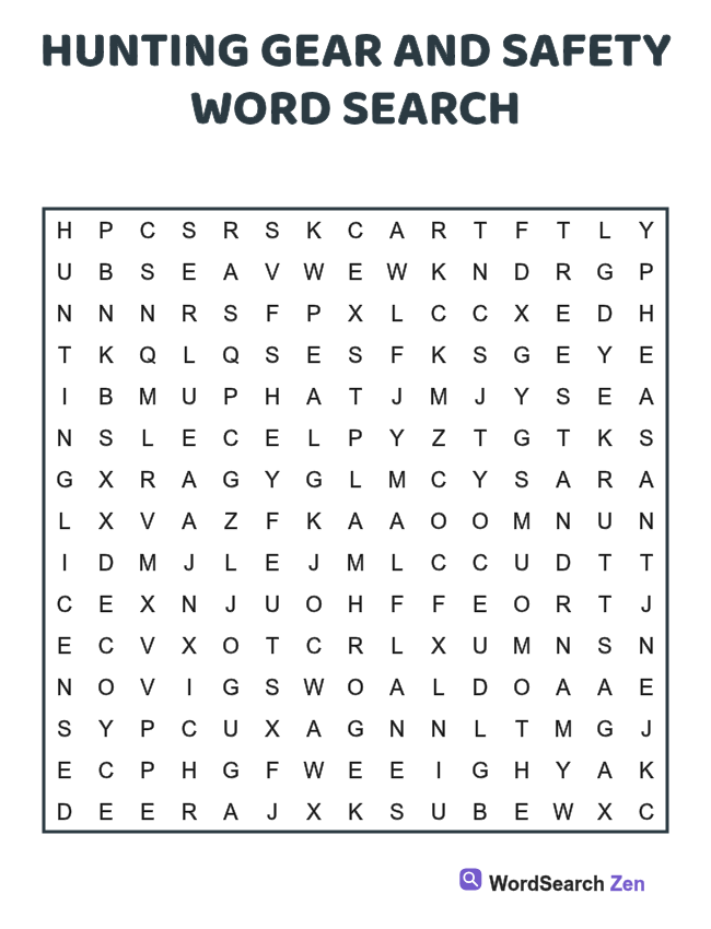Hunting Gear and Safety Word Search printable puzzle sheet, 15 hidden words